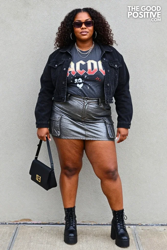 Graphic Tee With Metallic Cargo Skirt Outfit