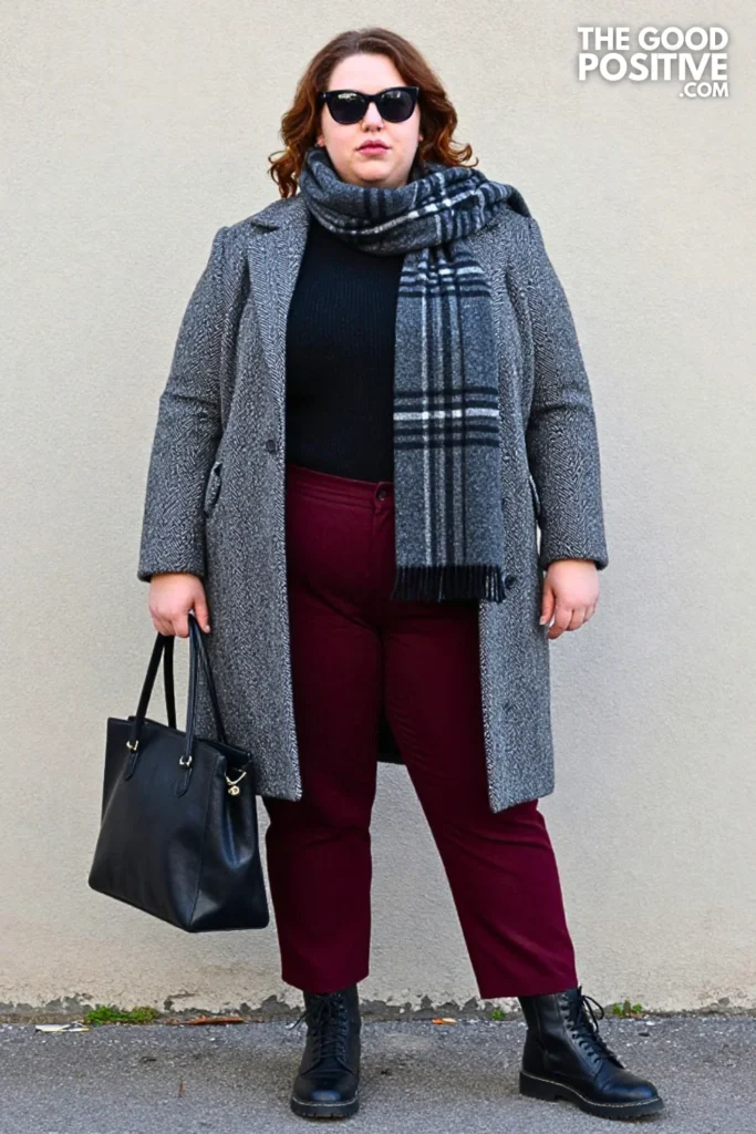 Gray Herringbone Coat, Burgundy Trousers, And Knit Scarf
