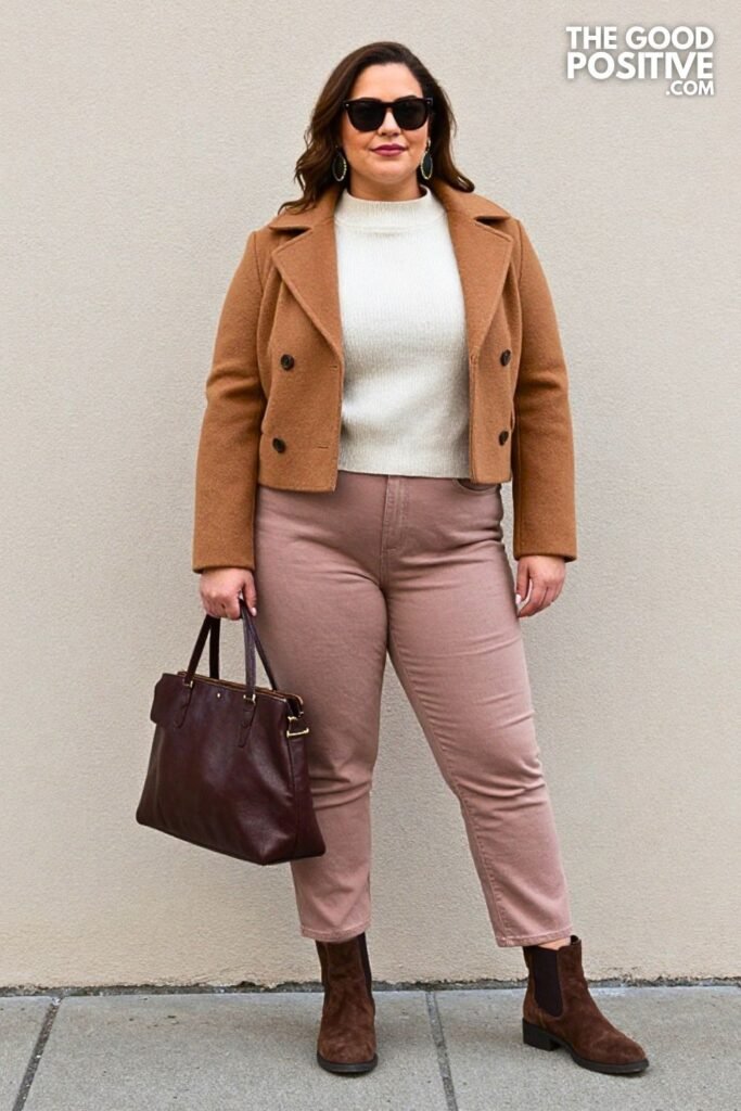 Hazelnut Wool Cropped Coat with Mulled Wine Straight Jeans