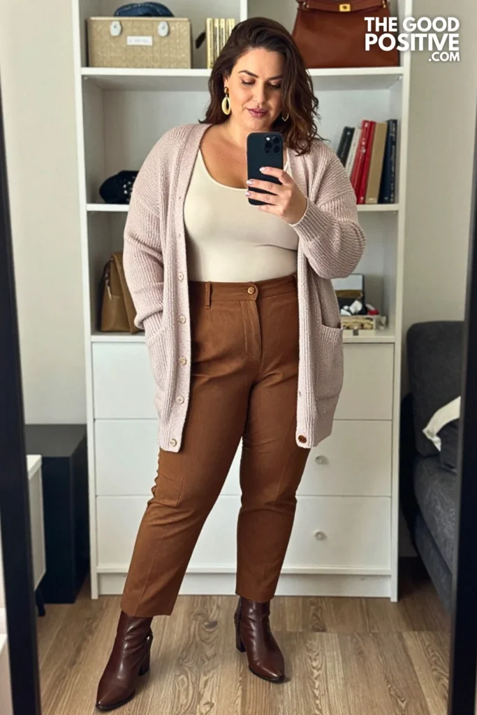 Heather Plum Button Knit With Camel Wide-Leg Twill Pants