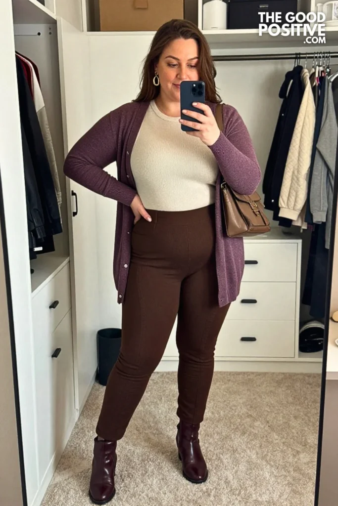 Heather Plum Cardigan With Cocoa Ponte Pull-On Pants