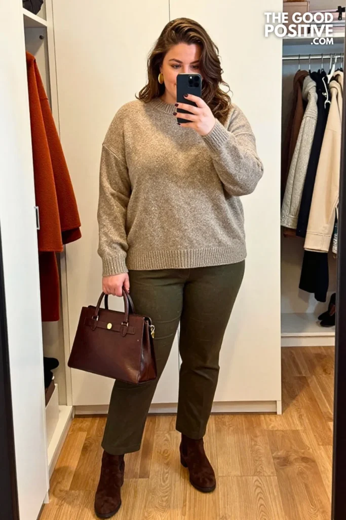 Heather Taupe Knit Tunic With Deep Olive Straight-Leg Trousers