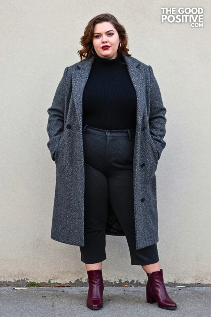 Herringbone Coat, Cropped Trousers & Burgundy Boots