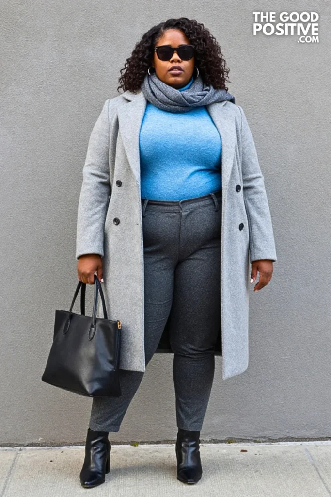 Icy Blue Sweater With Gray Tailoring Outfit
