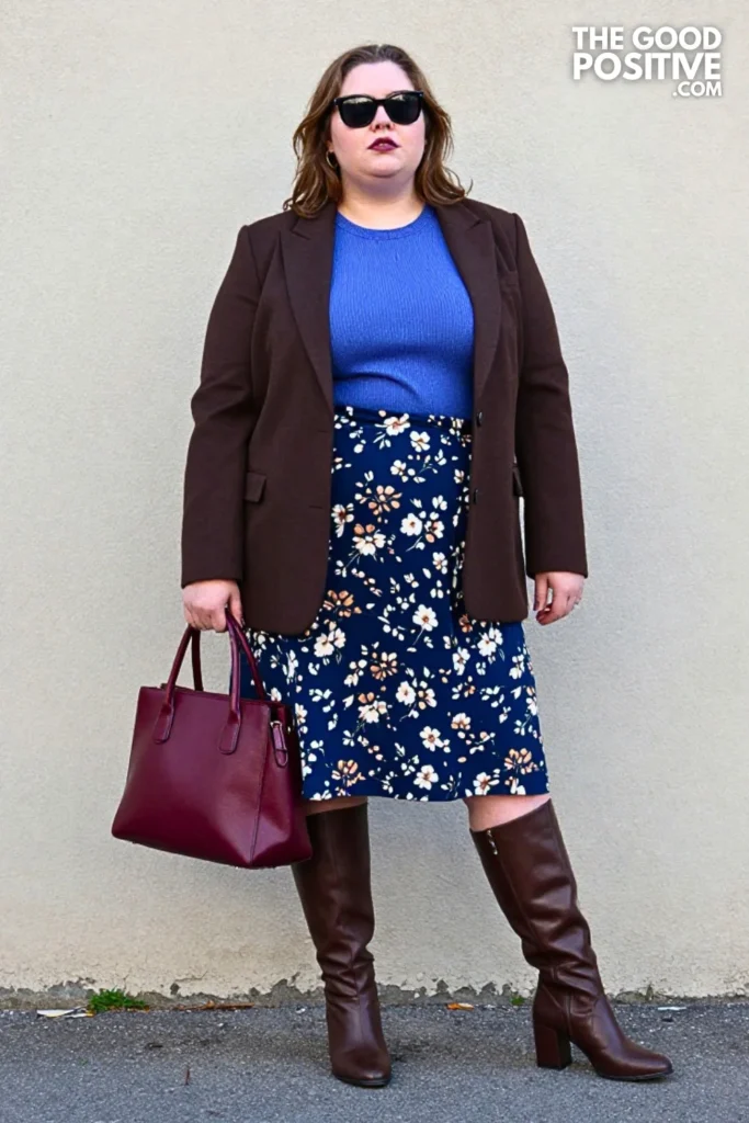Ink Floral Midi Skirt, Plum Knit, and Chocolate Blazer