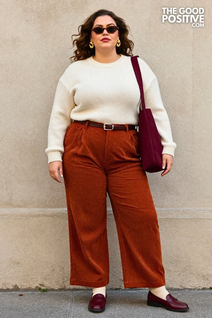 Ivory Fisherman Knit With Rust Corduroy Outfit