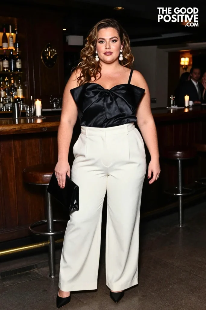 Ivory Trousers With Dramatic Black Bow Blouse