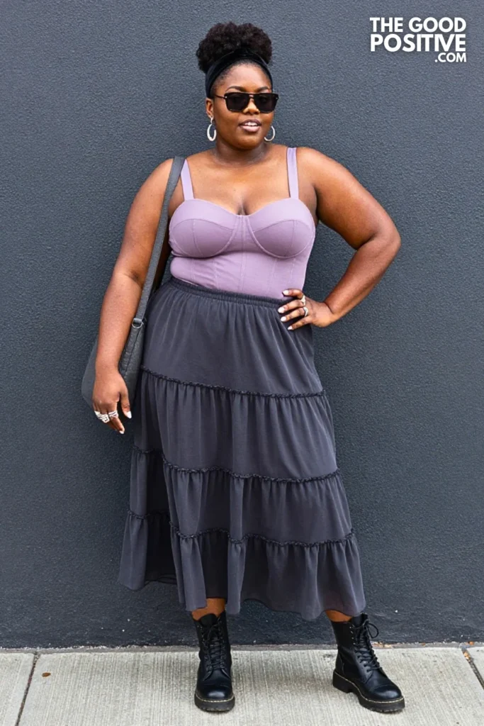 Lavender Gothic Top With Charcoal Maxi Skirt Outfit