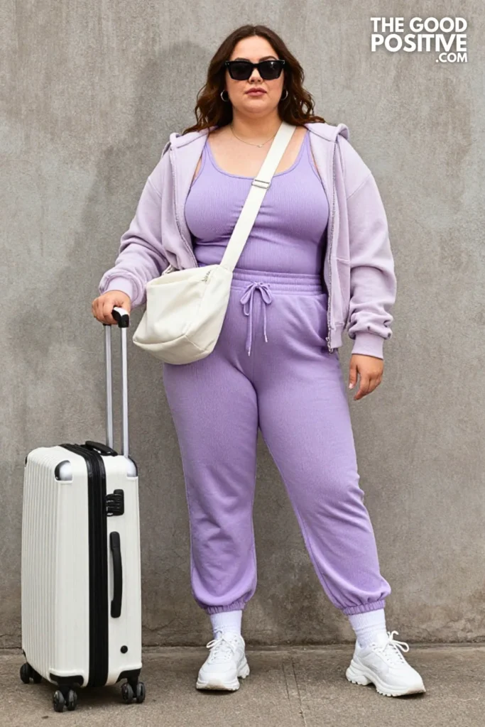Lavender Jogger Set, White Sneakers, and Crossbody
