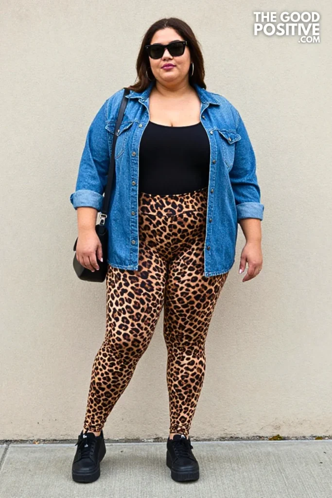 Leopard Leggings With Oversized Denim Shirt