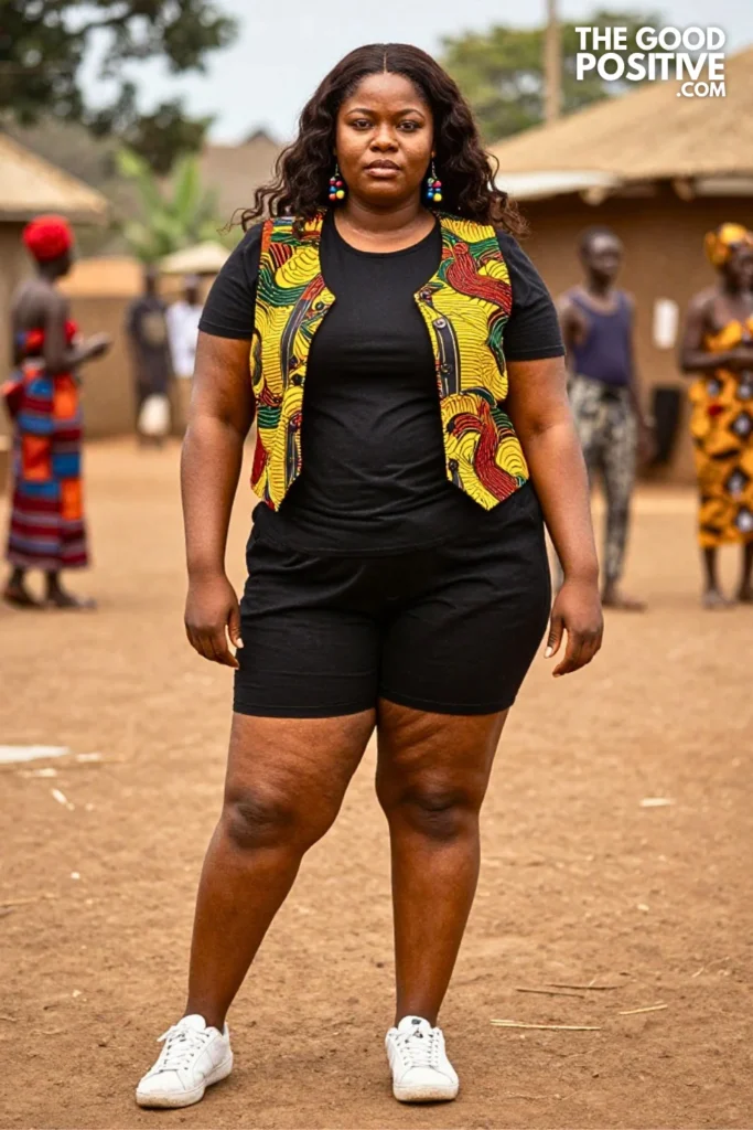 Mango Ankara Vest With Black Tee And Printed Shorts