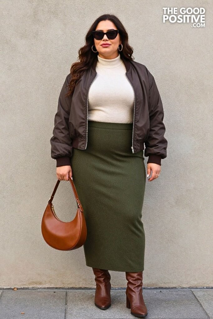 Maple Bouclé Bomber with Deep Olive Knit Maxi Skirt