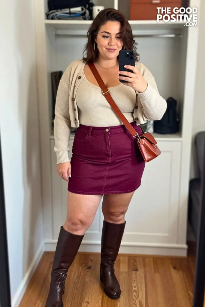 Maple Buttoned Cardigan With Deep Plum A-Line Denim Skirt