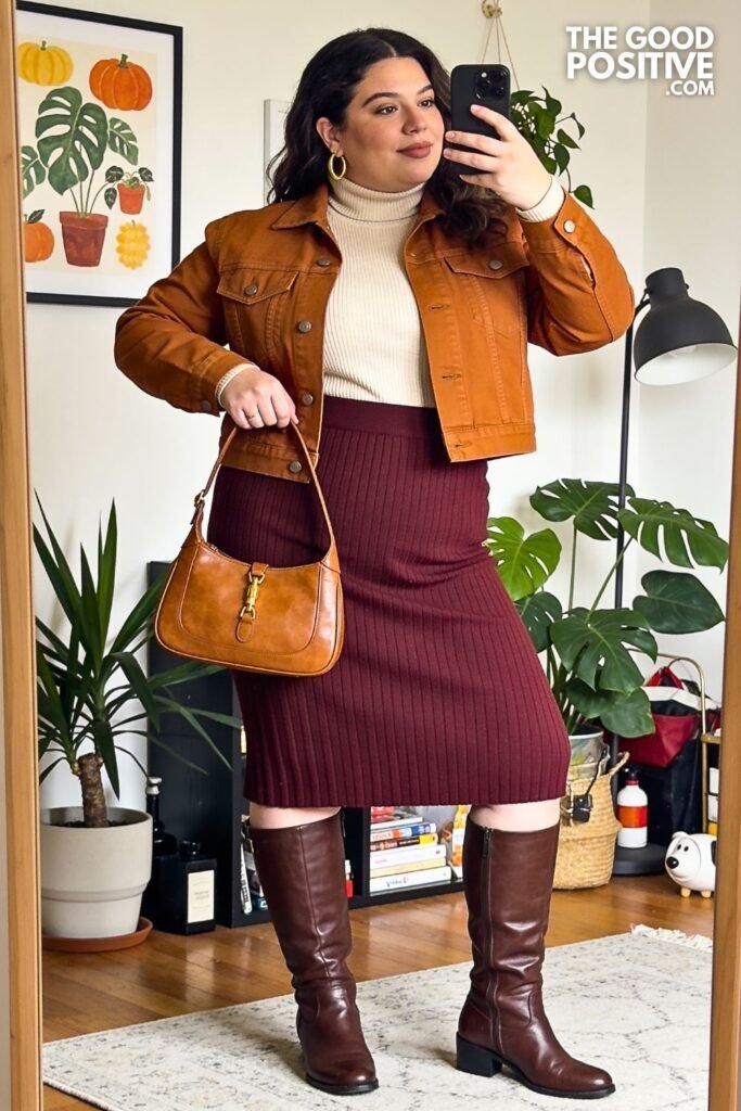 Maple Cropped Barn Jacket with Deep Berry Pleated Knit Skirt