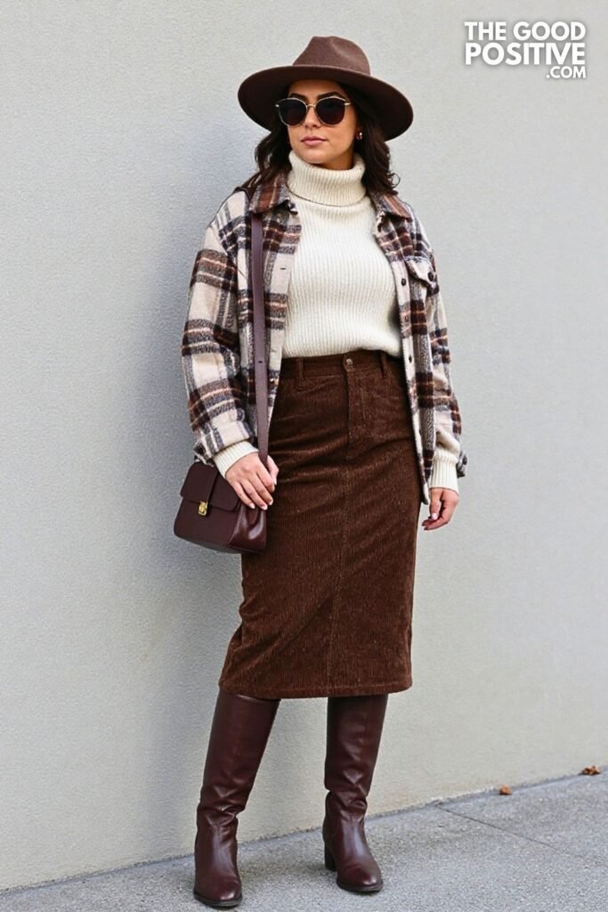 Maple Plaid Shacket with Espresso Corduroy Midi Skirt