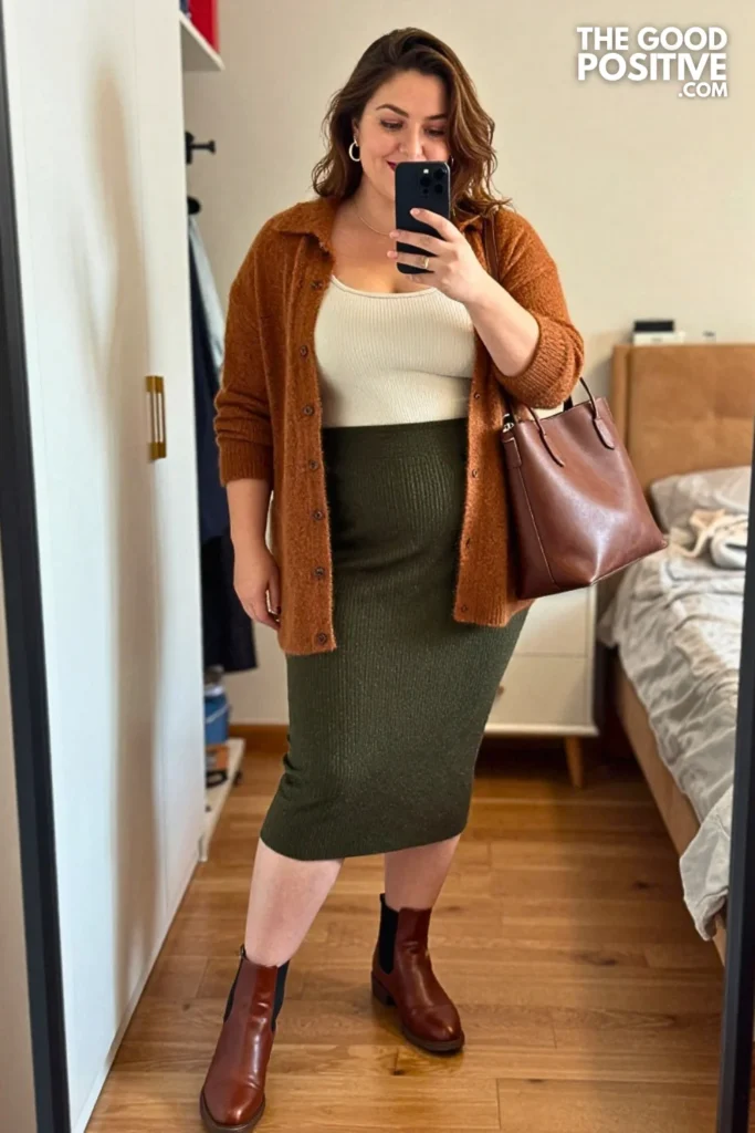 Maple Wool Overshirt With Dark Olive Knit Column Skirt