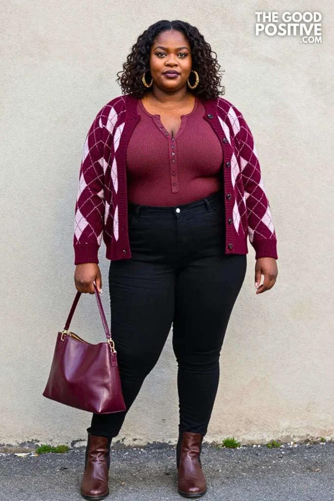 Maroon Diamond-Knit Jacket, Camel Henley, And Bootcut Trousers
