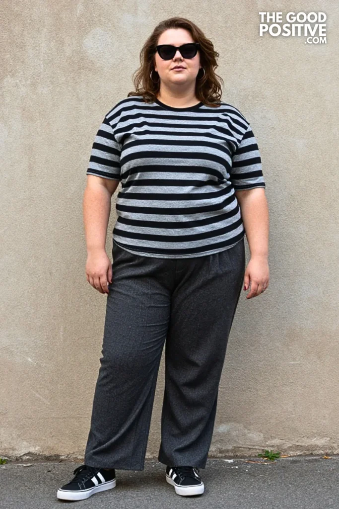 Masculine Striped Shirt, Pleated Trousers, and Skate Sneakers