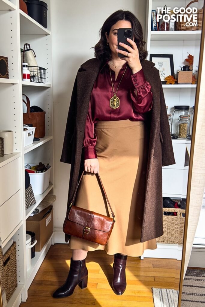 Merlot Blouse with Camel A-Line Maxi Skirt