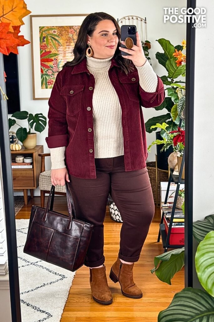 Merlot Corduroy Shacket with Espresso Barrel Trousers