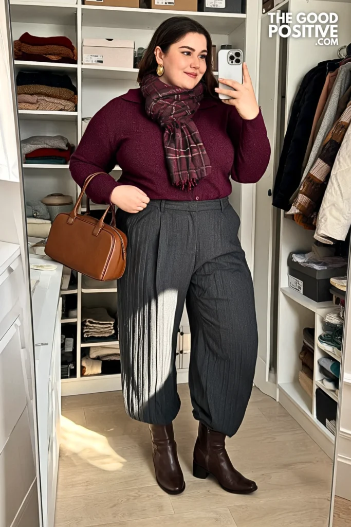 Merlot Knit Polo With Charcoal Pleated Barrel Trousers