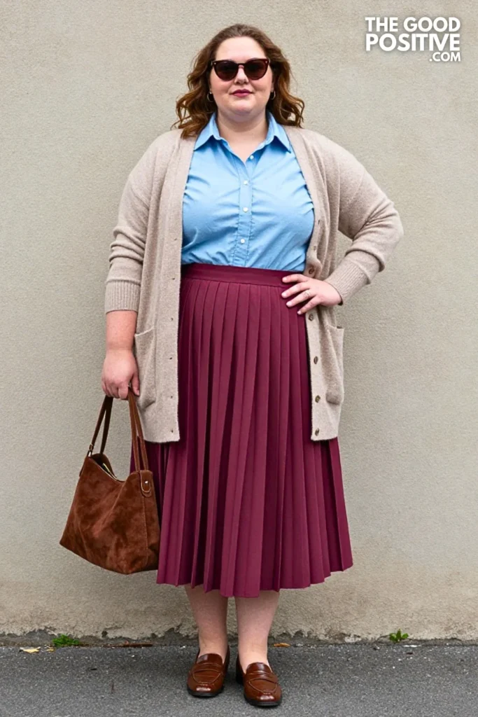 Merlot Pleated Skirt, Oatmeal Cardigan, and Powder-Blue Shirt
