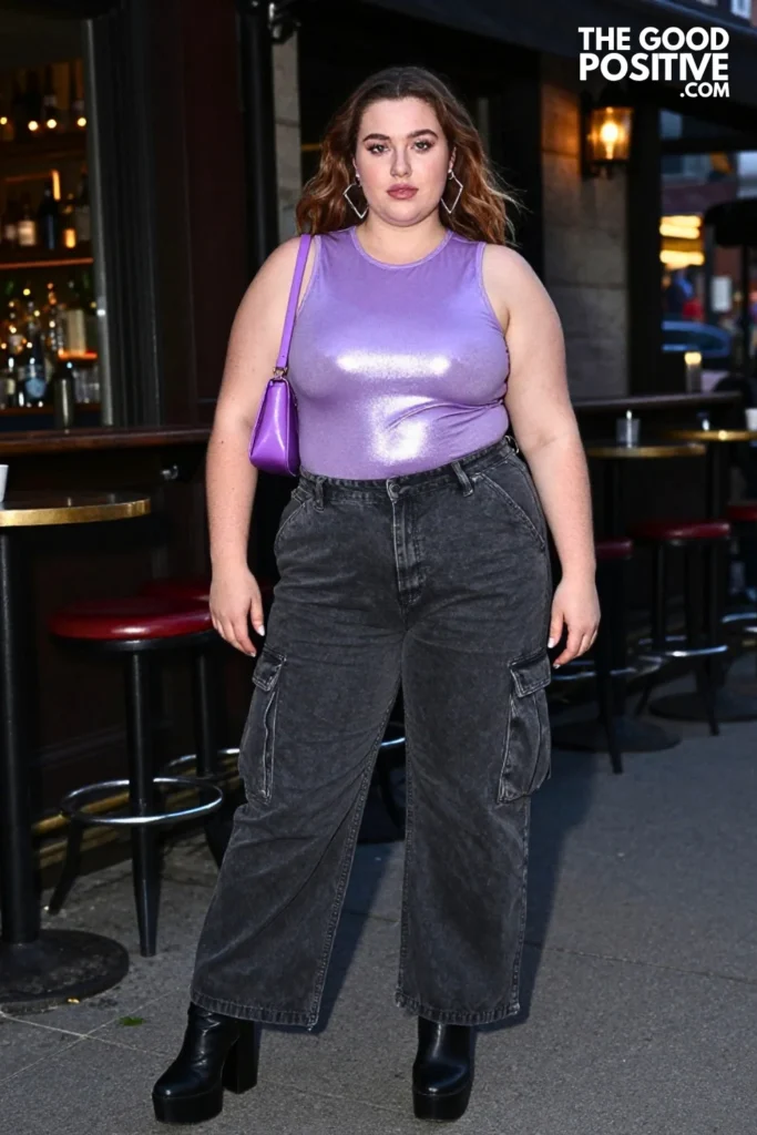 Metallic Lavender Top With Charcoal Cargo Trousers
