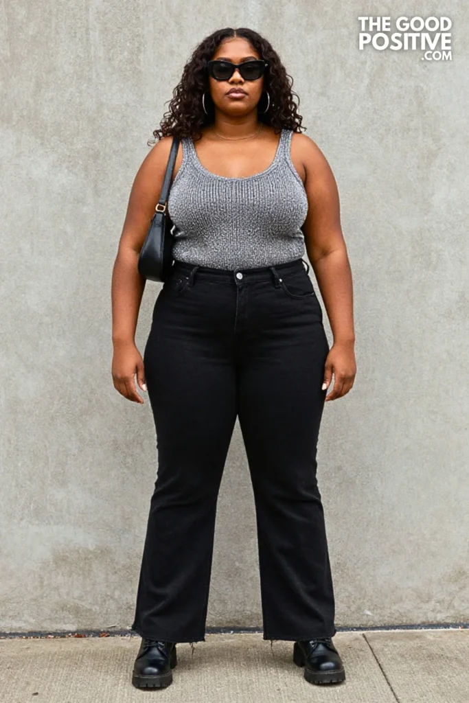 Metallic Silver Top, Black Wide Jeans, and Combat Boots
