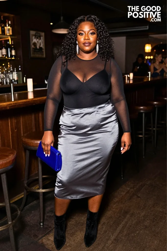 Midnight Black Bodysuit With Silver-Gray Satin Skirt