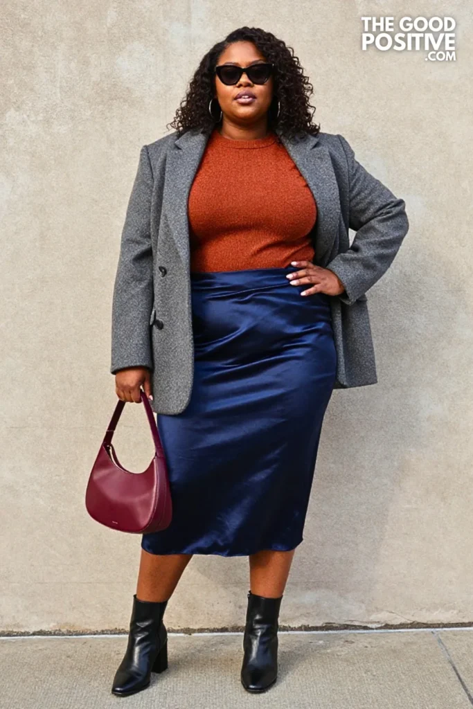 Midnight Blue Skirt, Rust Funnel-Neck Sweater, and Gray Blazer