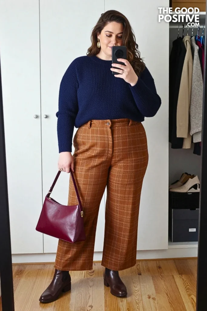 Midnight Navy Textured Sweater With Cinnamon Flannel Trousers