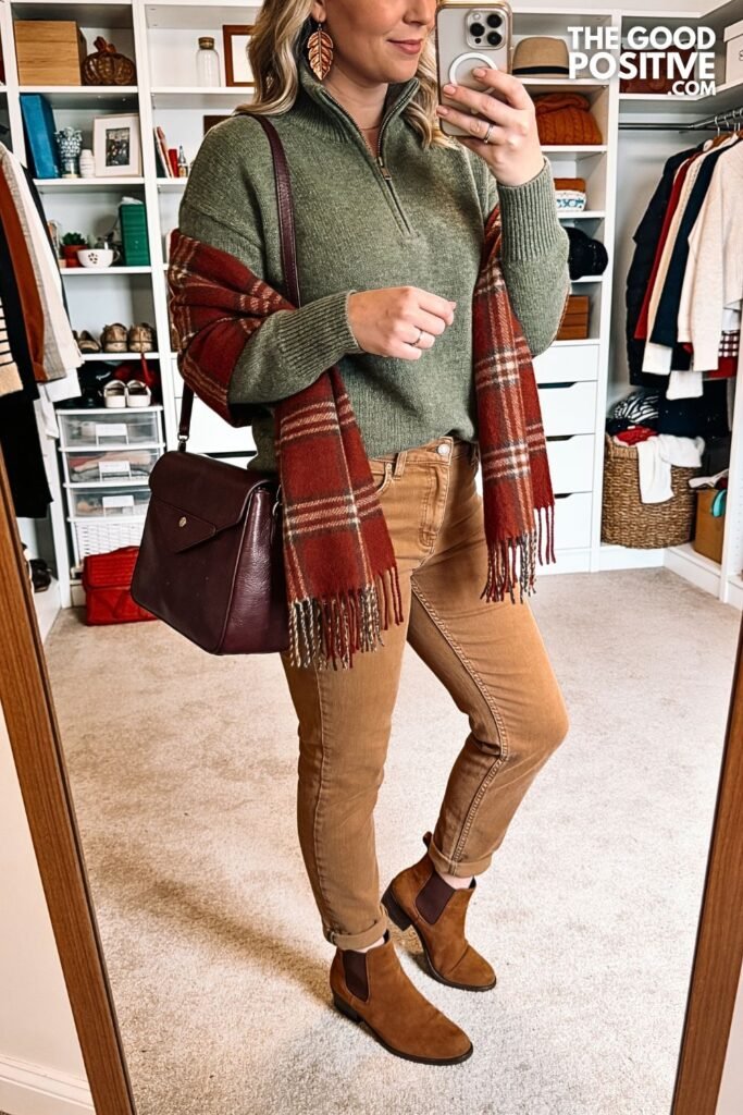 Moss Green Quarter-Zip Sweater with Coffee Straight Jeans