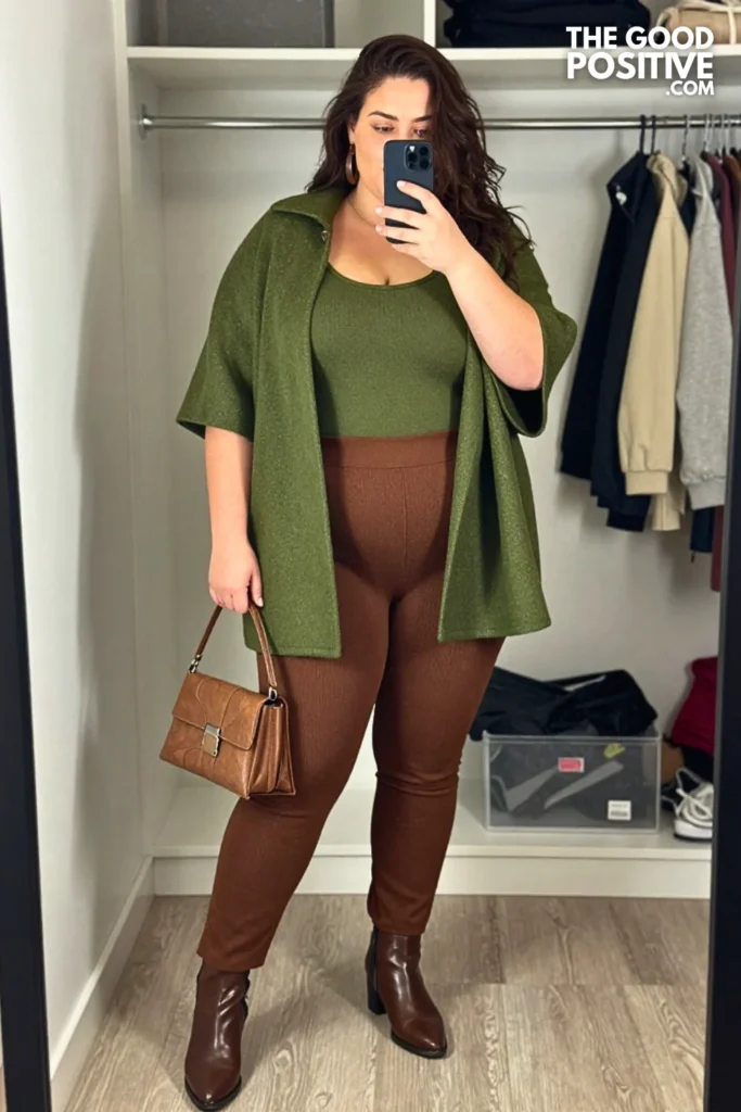 Moss Green Wool Cape With Espresso Knit Set