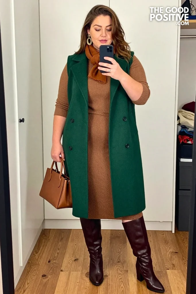 Moss Green Wool Vest With Espresso Knit Midi Dress