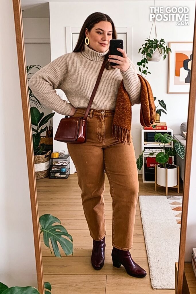 Mulberry Funnel-Neck Sweater with Caramel Sailor Jeans