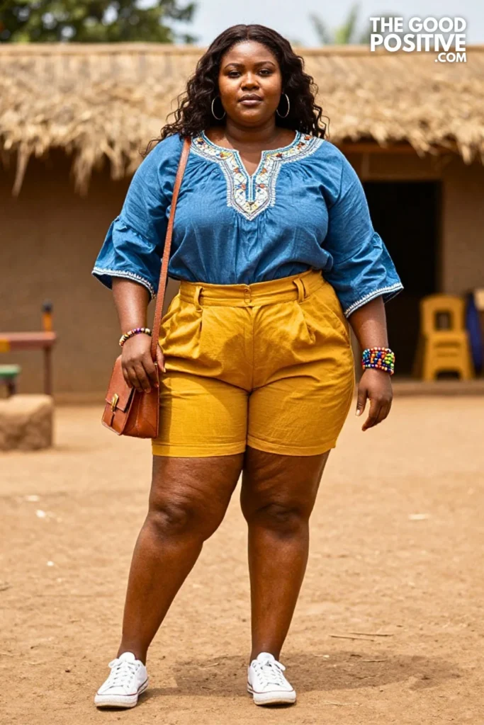 Mustard Ankara Shorts With Indigo Boho Blouse