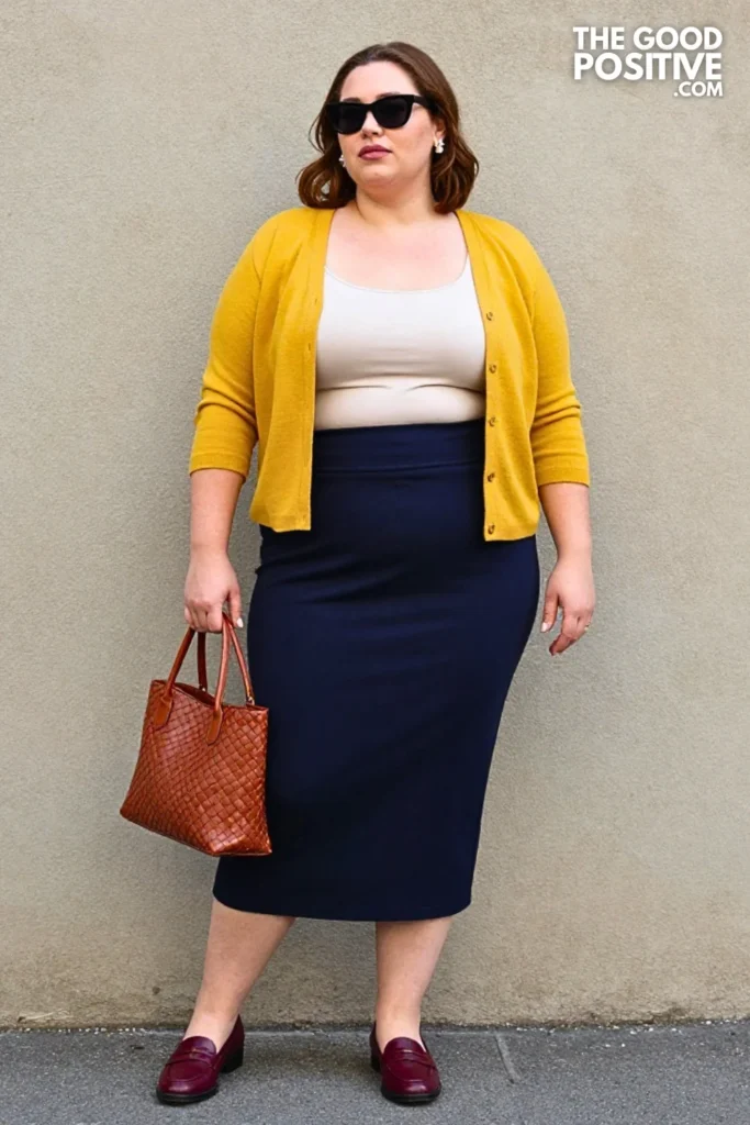 Mustard Cardigan, Navy Skirt, And Burgundy Loafers