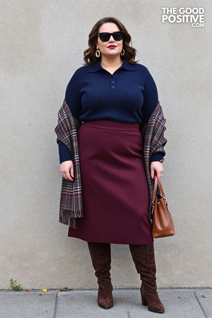 Navy Blue Knit Polo with Aubergine Full Midi Skirt