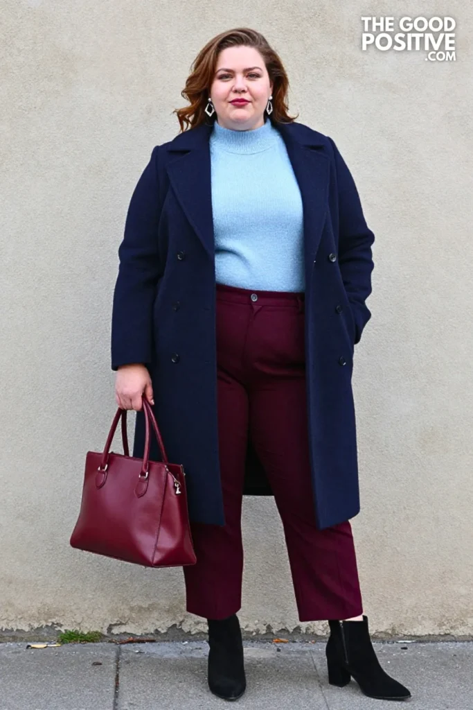 Navy Cocoon Coat, Plum Trousers & Pointed Boots