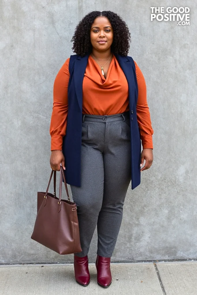 Navy Windowpane Vest, Burnt-Orange Blouse, And Pleated Trousers