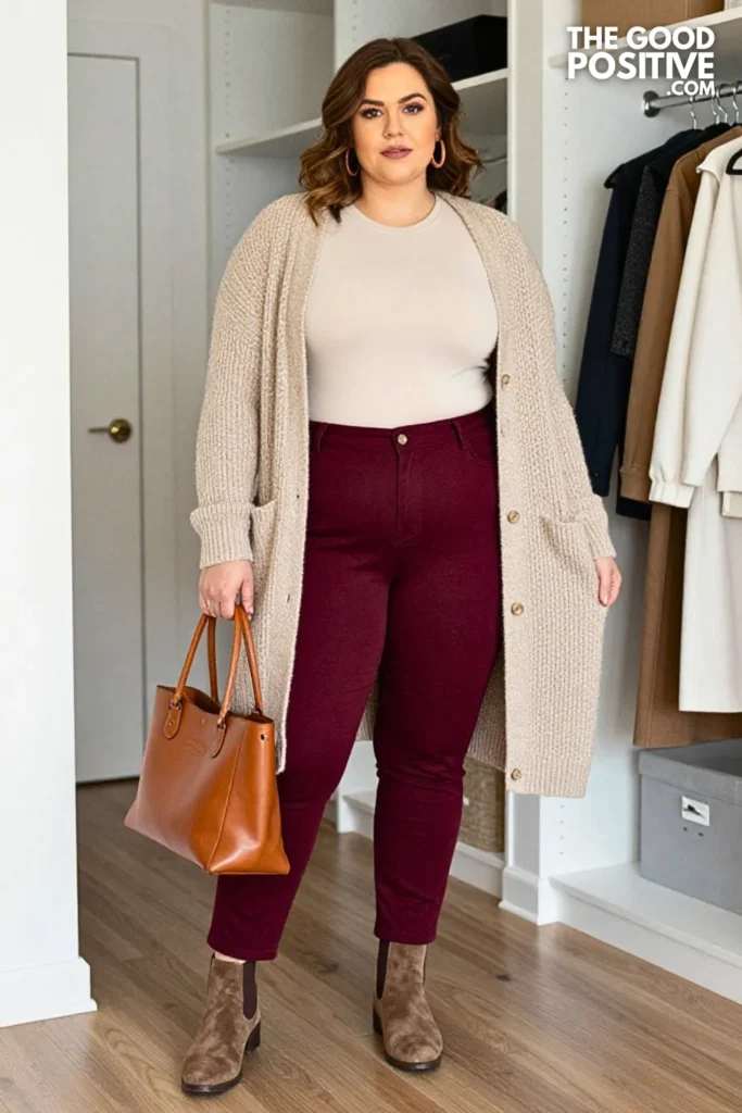 Oatmeal Textured Cardigan With Merlot Ponte Pull-On Pants
