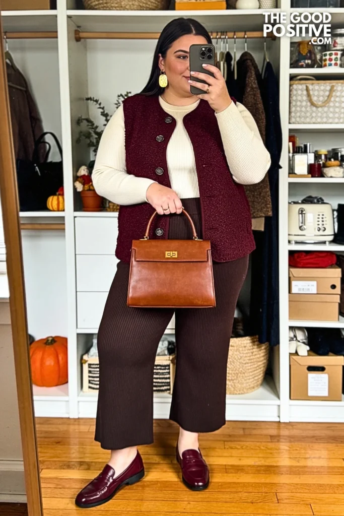 Oxblood Bouclé Vest With Espresso Wide-Leg Knit Pants