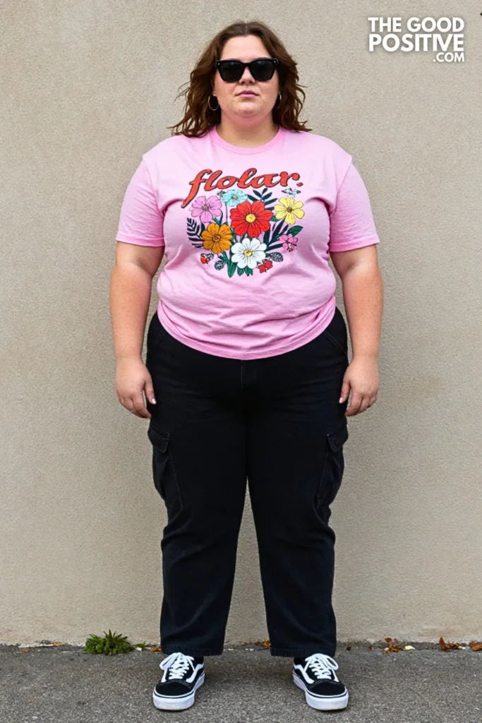 Pink Graphic Tee, Black Cargo Jeans, and Vans