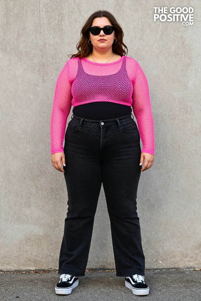Pink Mesh Top, Black Jeans, and Platform Vans