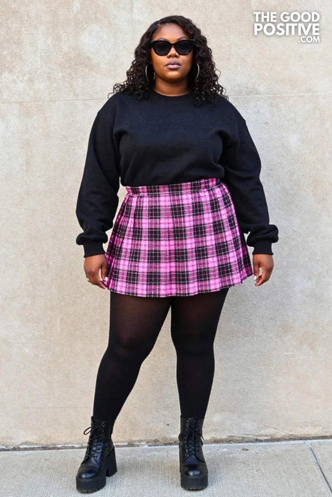Pink Tartan Skirt, Black Sweatshirt, and Platform Boots