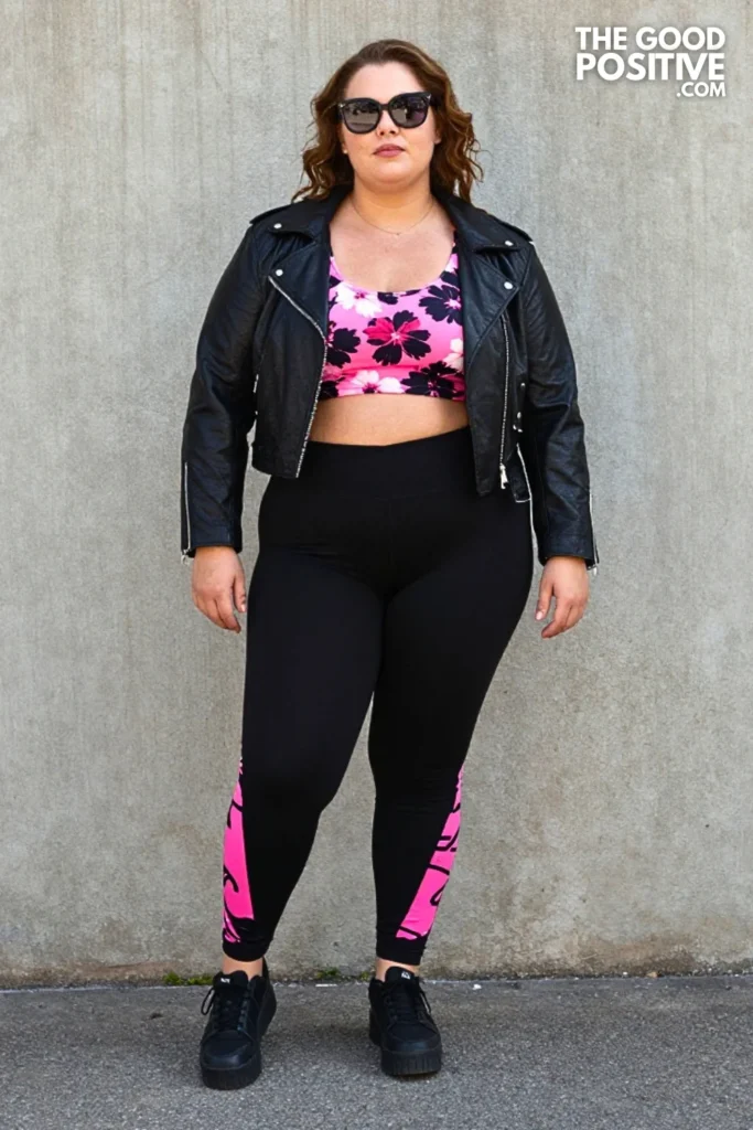 Pink-and-Black Leggings With a Cropped Moto Jacket