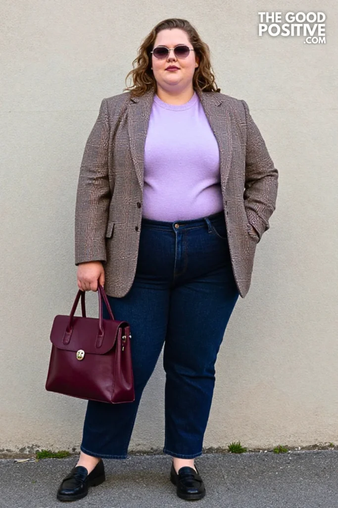 Plaid Blazer, Lavender Knit, And Dark Denim