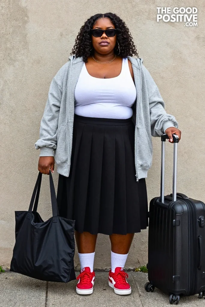 Pleated Midi Skirt, Oversized Sweatshirt, and Red Sneakers