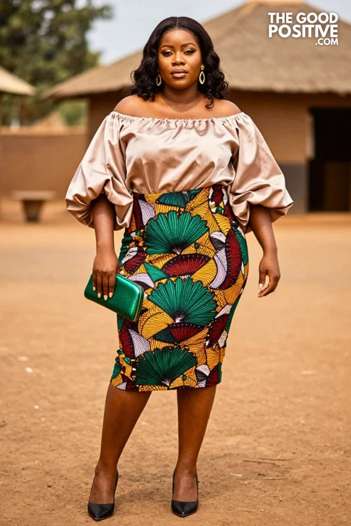 Plum Blouse With Emerald Fan-Print Ankara Skirt