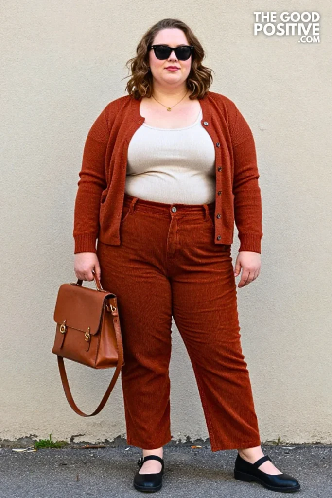 Plum Cardigan, Corduroy Pants, And Mary Jane Shoes